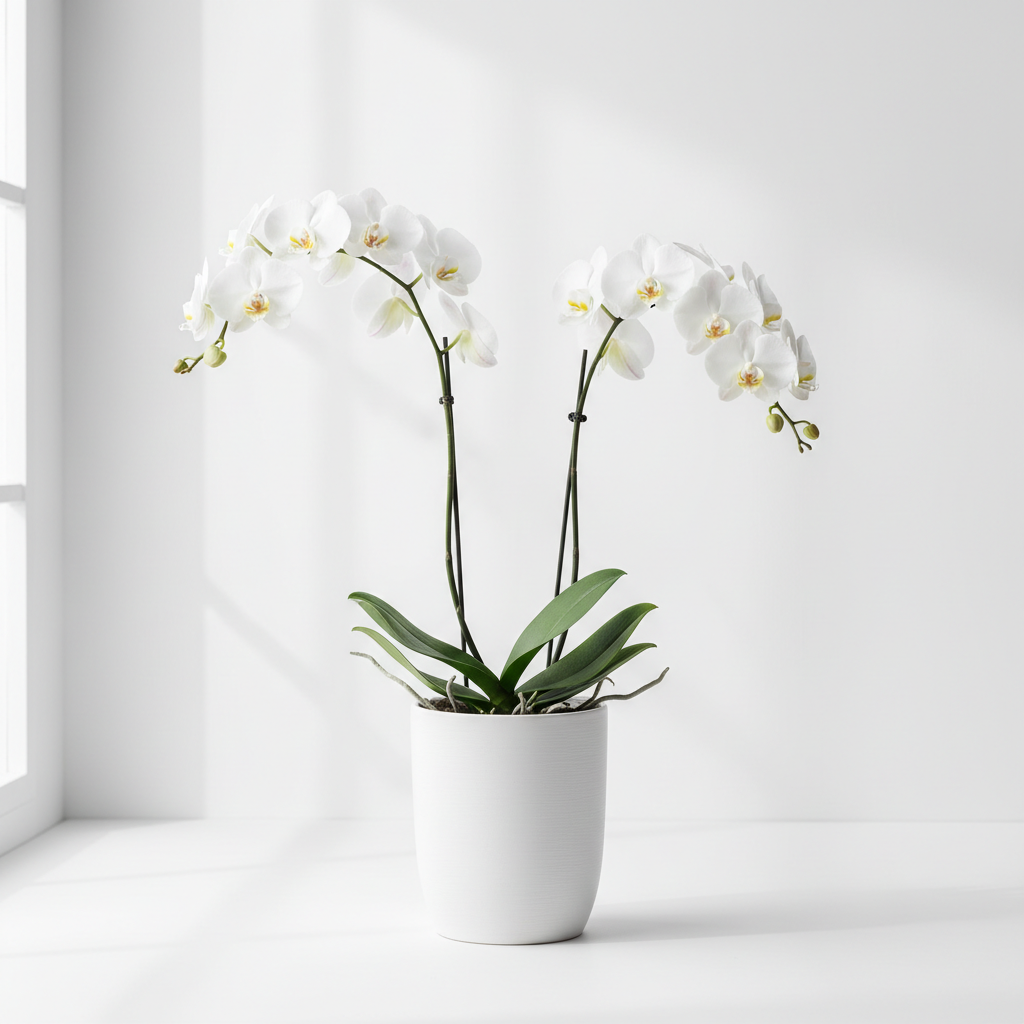Orchidée phalaenopsis blanche 2 tiges avec cache-pot blanc