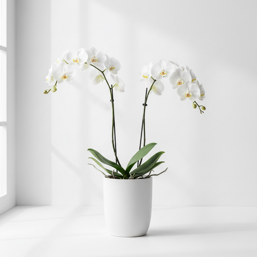 Orchidée phalaenopsis blanche 2 tiges avec cache-pot blanc